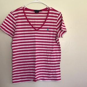 Pink and white striped polo